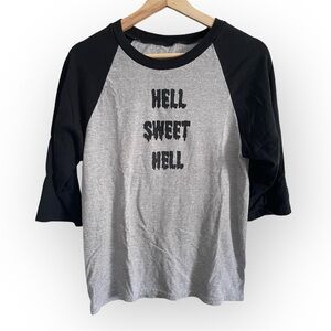 HELL SWEET HELL Black and Gray Baseball Tee Handmade Screen Print Size US Small
